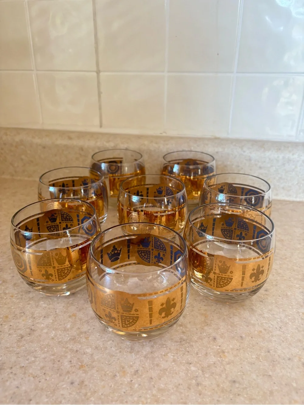 60's Culver Coronet Roly Poly Glasses 8 22k Gold MCM Barware Hollywood Regency